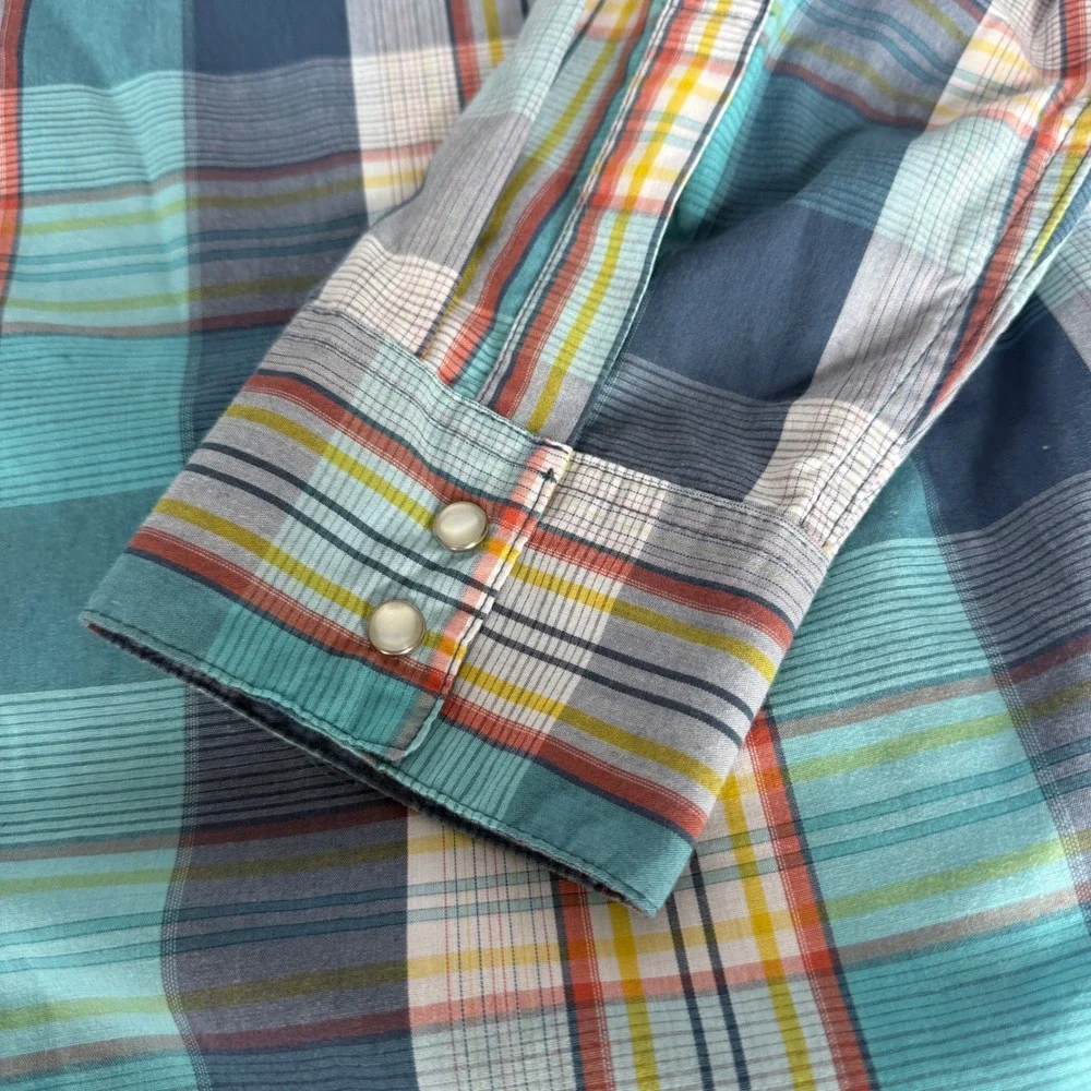 Vintage Levis Mens Western Pearl Snap Shirt Plaid Teal Blue Long Sleeve XXL